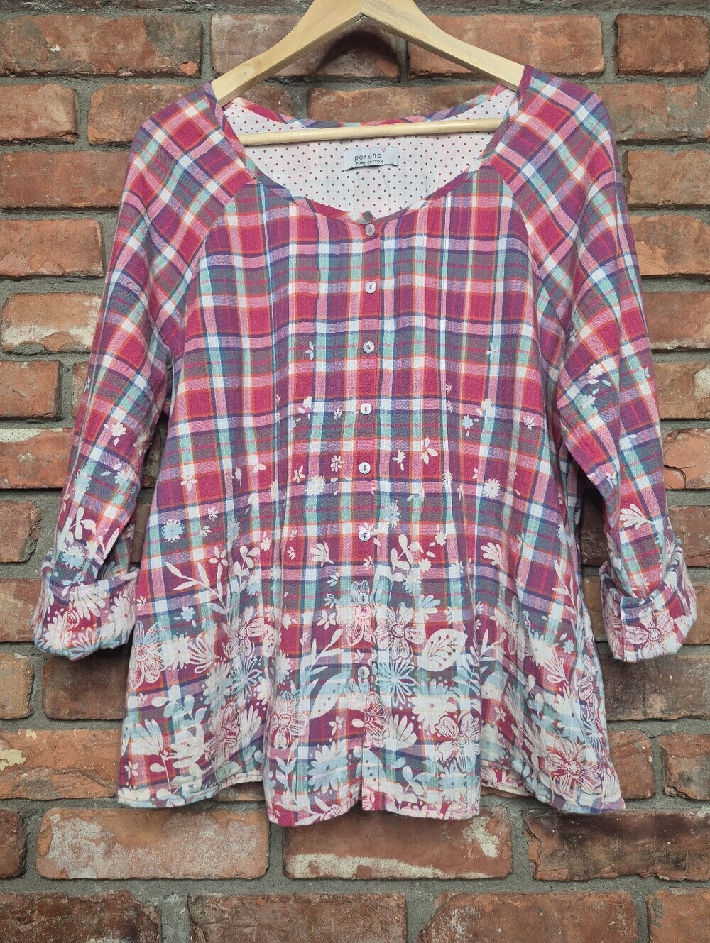 Per Una Pure Cotton Floral Plaid Roll Tab Shirt Large EU 44 Marks & Spencer